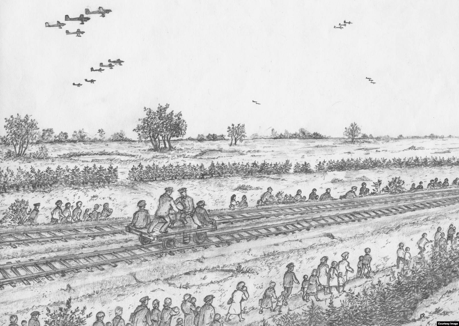 Рассвет 22 июня 1941 года. Беженцы из Бреста уходят вдоль железной дороги на Жабинку (город в Брестской области), чтобы там дважды попасть под жестокую бомбежку, которая случится в 10-11 утра. Рисунок Владимира Губенко