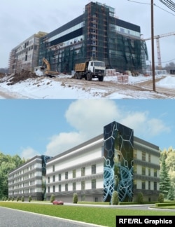 Строительство новых зданий 48-го ЦНИИ в поселке Сергиев Посад-6. Рендер на сайте компании "Окна-Стар" и фото с места строительства, выложенное одним из сотрудников компании в социальной сети "ВКонтакте" в апреле 2023 года