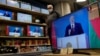 Belarusian President Alyaksandr Lukashenka is seen on TV screens at a Minsk electronics store on August 4, 2020 during his annual state-of-the-nation speech. 