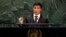 Holding up a bullet, Ukrainian President Volodymyr Zelenskiy addressed the 74th session of the United Nations General Assembly on September 25, 2019. 