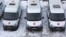Russia, Moscow, Shmitovskiy proezd 11 march 2018 Ambulance, car parking, red cross, medicine, city, winter, top view