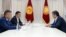 President Sooronbai Jeenbekov (right) meets with Kyrgyzstan's new parliamentary speaker, Kanat Isaev (front left), and prime minister, Sadyr Japarov, in Bishkek on  October 14, 2020.