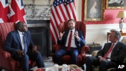 Вице-президент США разговаривает с министром иностранных дел Великобритании Дэвидом Лэмми (слева) в присутствии посла США в Великобритании Уоррена Стивенса